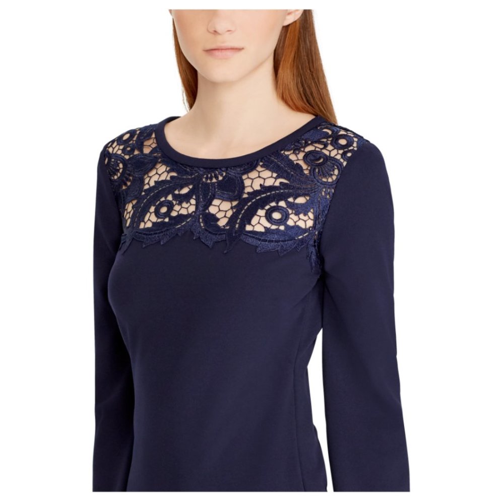NWT Womens Size 6 Lauren Ralph Lauren LRL Navy Blue Lace-Yoke Crepe Shift Dress - Picture 3 of 4